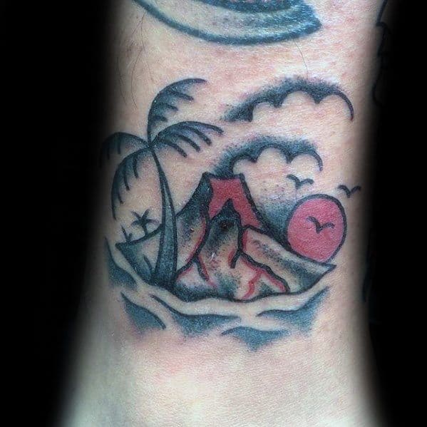 Traditional Old School Volcano Male Tattoo Ideas On Lower Leg