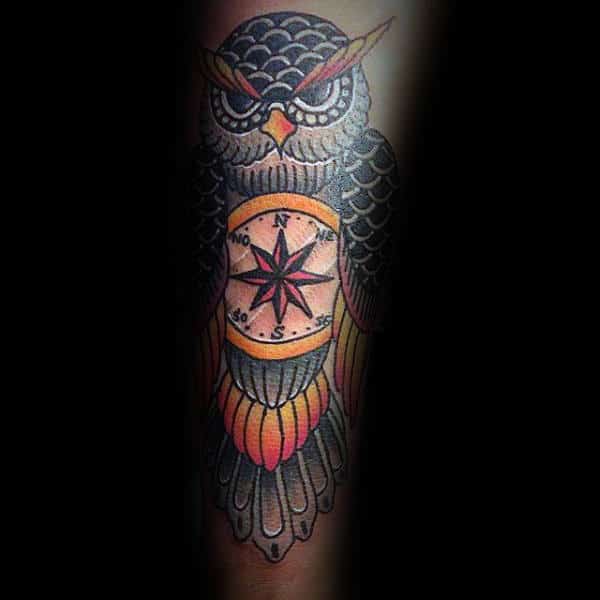 Traditional Owl With Compass Male Forearm Tattoo