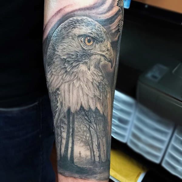 Traditional Realistic Hawk And Forest Half Sleeve For Men