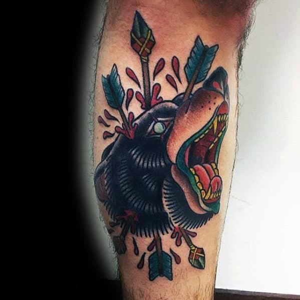 Traditional Roaring Black Bear Arrows Mens Lower Leg Tattoo