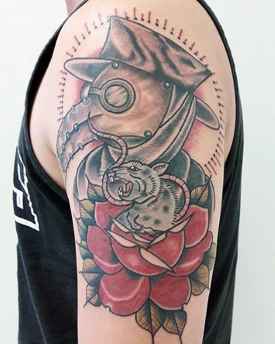 Traditional Rose Flower Arm Plague Doctor Guys Tattoos