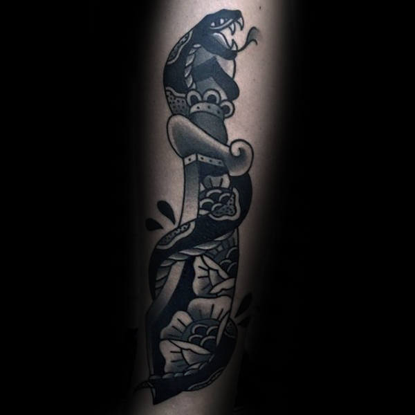 Traditional Rose Flower Dagger With Snake Wrapped Around Mens Forearm Tattoo