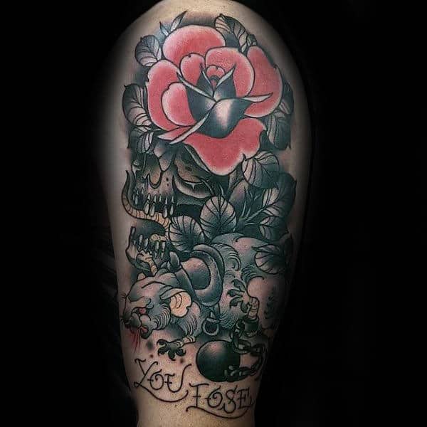 Traditional Rose Flower With Rat And Skull Male Arm Tattoos