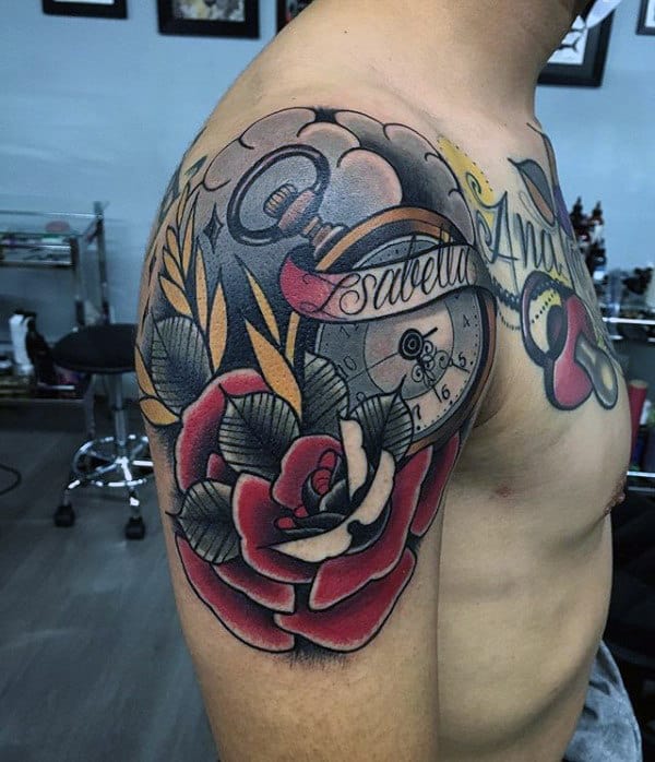 Traditional Rose With Compass Artistic Guys Quarter Sleeve Tattoos