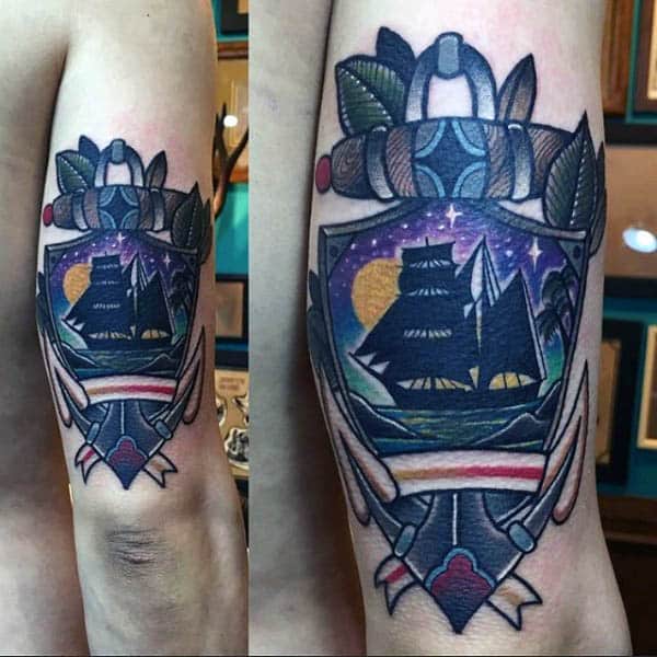 Traditional Sailing Ship Mens Tattoo On Back Of Arm In Full Color