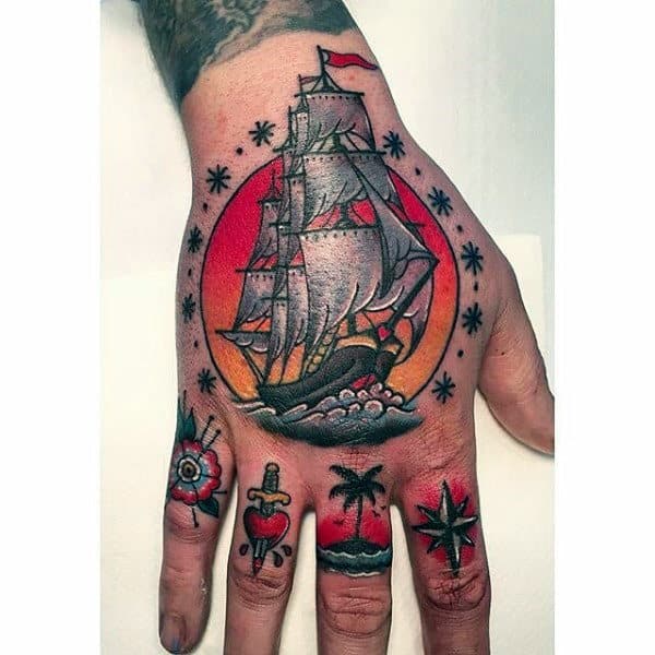 Traditional Sailing Ship With Sunset Mens Colorful Hand Tattoos