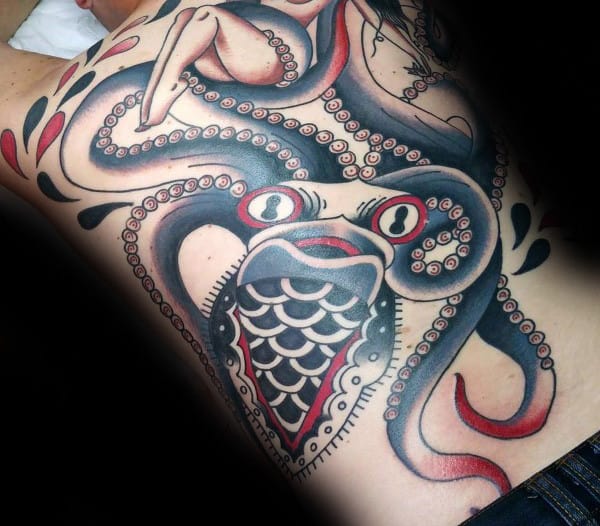 Traditional Sailor Jerry Style Kraken Back Tattoos For Men