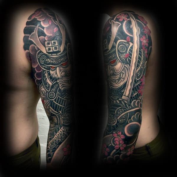 Traditional Samurai Helmet Japanese Full Sleeve Tattoos For Men