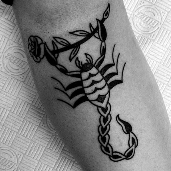 Traditional Scorpion Holding Rose Flower Stem Mens Small Arm Tattoos