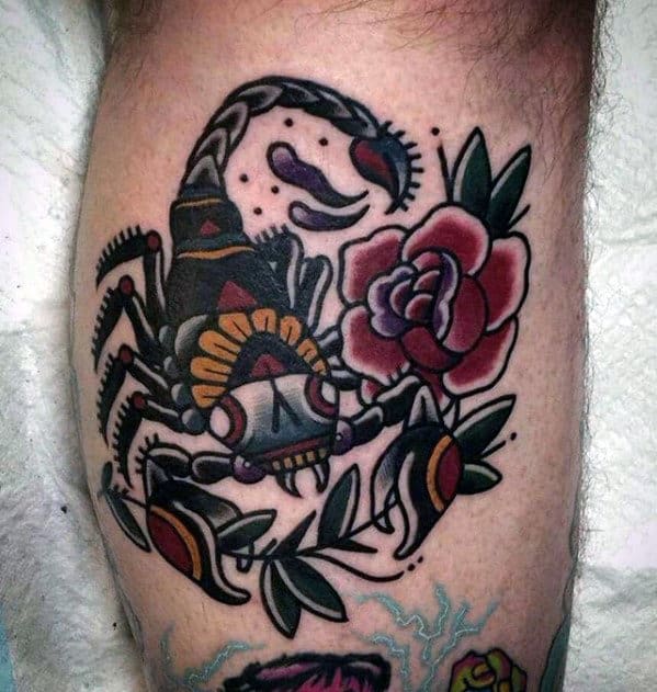 Traditional Scorpion Mens Ornate Rose Flower Leg Tattoo