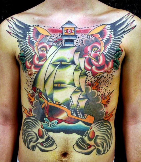 Traditional Ship Mens Full Chest Tattoo Designs