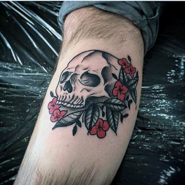 Traditional Skull With Flowers Mens Old School Leg Tattoos