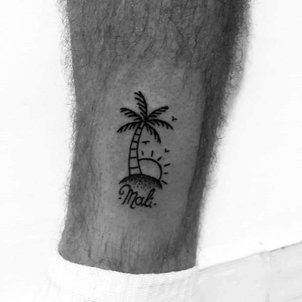 Traditional Small Mens Lower Leg Beach Tattoo With Black Ink Design