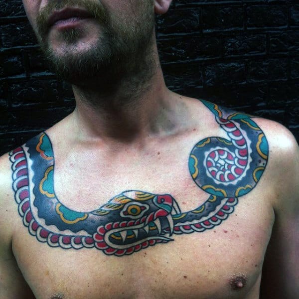 Traditional Snake Ouroboros Mens Upper Chest Tattoos