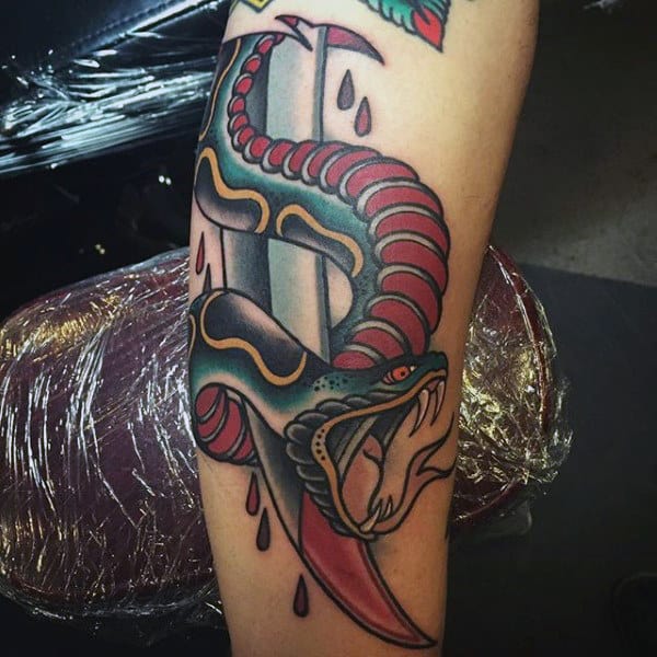 Traditional Snake With Sword Mens Forearm Tattoos