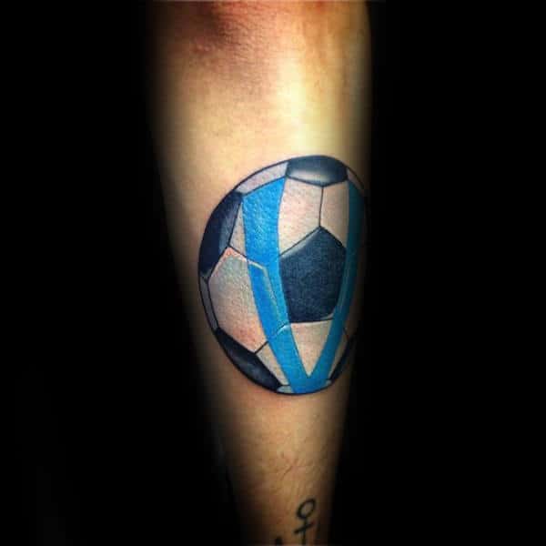 Traditional Soccerball With Blue Stripes Mens Shin Tattoos
