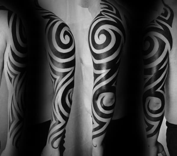 Traditional Solid Black Ink Full Arm Badass Tribal Tattoo Ideas For Males