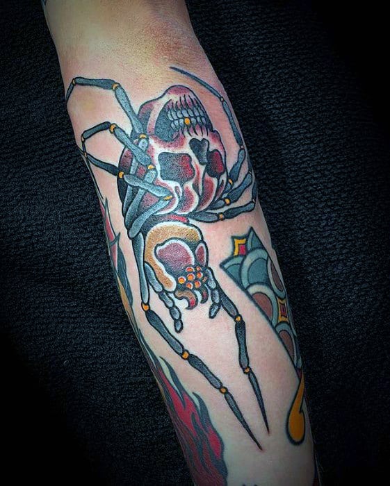 Traditional Spider Skull Mens Forearm Tattoos
