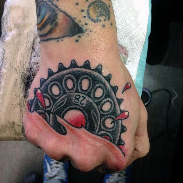 Traditional Sprocket Mens Hand Tattoos