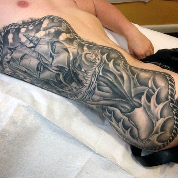 Traditional Squid And Sailing Ship Tattoo For Men On Rib Cage Side