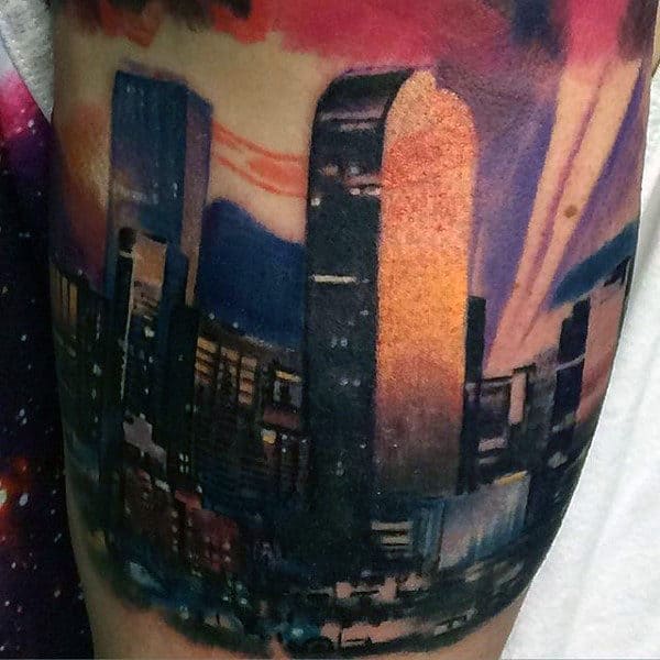 Traditional Styledark City At Sunset Thigh Tattoo On Man