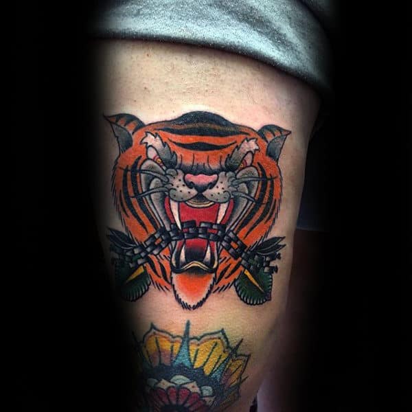 Traditional Tiger Chains Thigh Tattoos