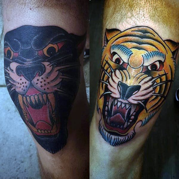 Traditional Tiger Mens Knee Cap Tattoos