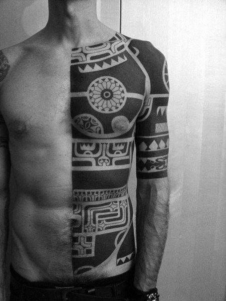 Traditional Tribal Blackwork Half Body Chest And Upper Arm Tattoos
