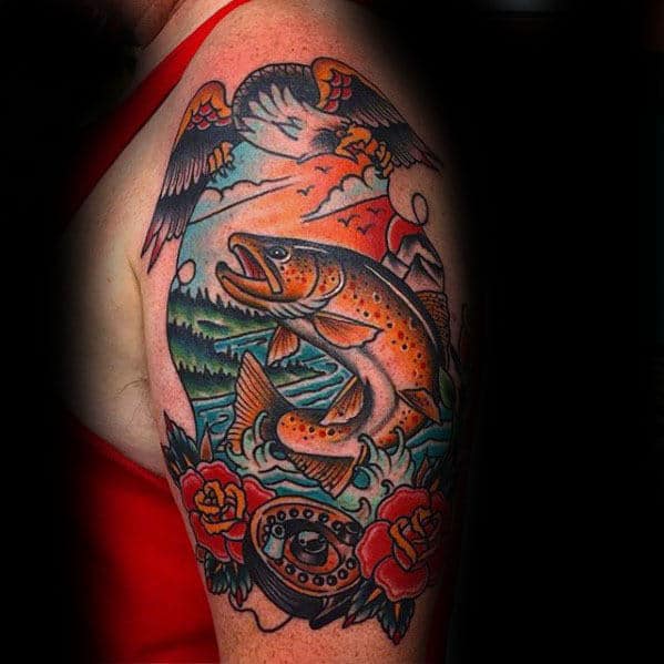 Traditional Trout With Rose Flowers And Eagle Male Arm Tattoo