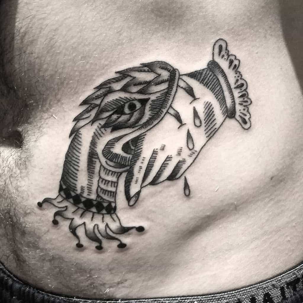 Traditional blackwork tattoo of a hand shaking with a serpent, featuring 'Trust No One' and dripping details