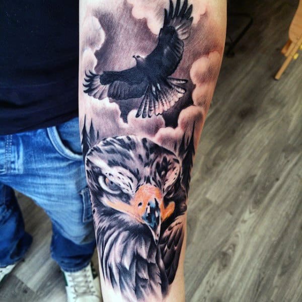 Traditional Two Hawk Flying Tattoo On Guy Half Sleeve