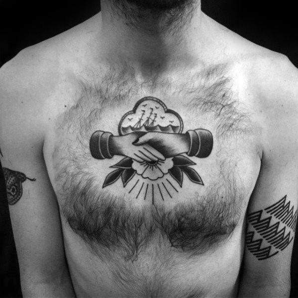 Traditional Upper Chest Sinking Ship Handshake Tattoos Men