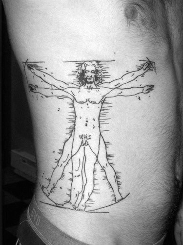 Traditional Vitruvian Man Mens Sketched Rib Cage Side Tattoo Design Ideas