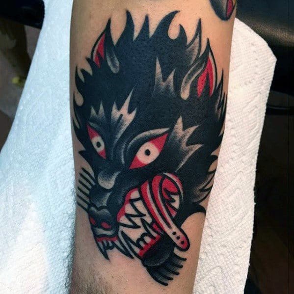 Traditional Wolf Guys Red And Black Tattoo Design Ideas