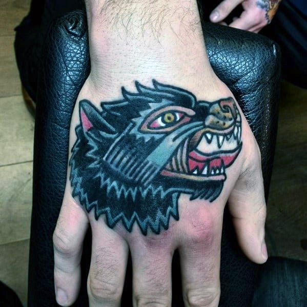 Traditional Wolf Male Hand Tattoos