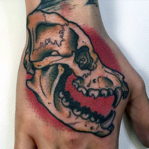 Traditional Wolf Skull Male Hand Tattoos