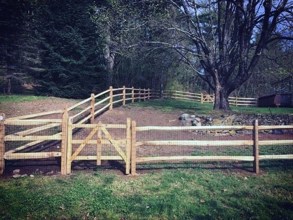 Wooden fence with wire mesh encircles a grassy area, trees, and forest under a clear sky
