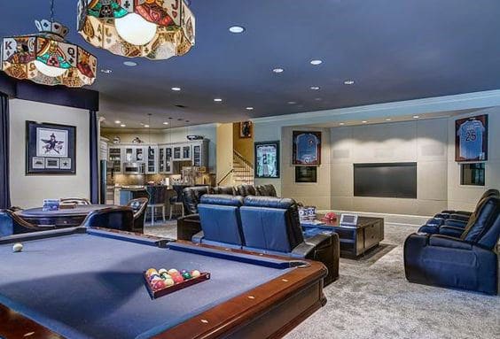 modern games room billiard table couches kitchen 