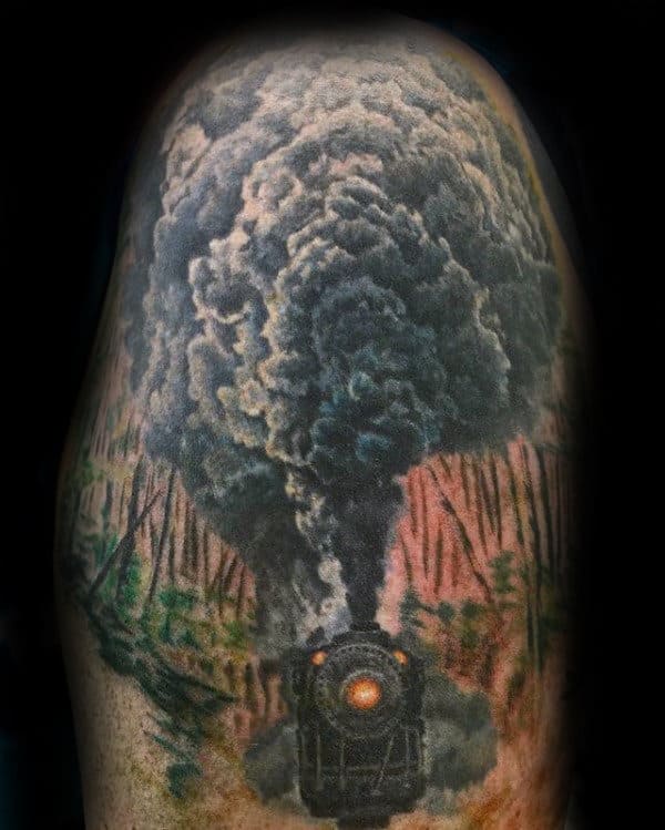 Train Moving Through Forest Mens Upper Arm Tattoos
