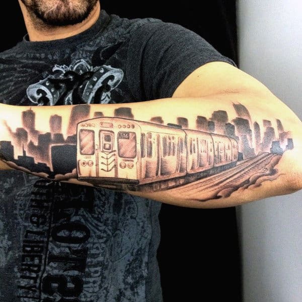 Train Station Chicago Skyline Tattoo For Men On Outer Forearm