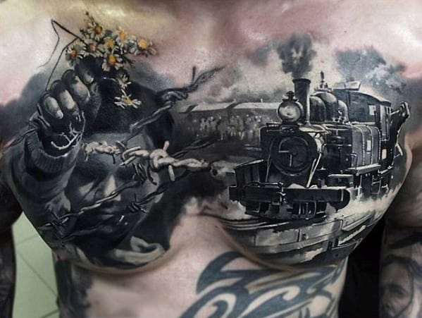 Train With Barb Wire And Child Portrait Guys Amazingly Cool Chest Tattoo