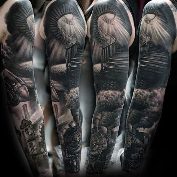 Train With Stairway To Heaven Guys Unique Shaded Sleeve Tattoos