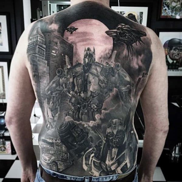 Transformers Themed Male 3d Shaed Tattoo Design On Back