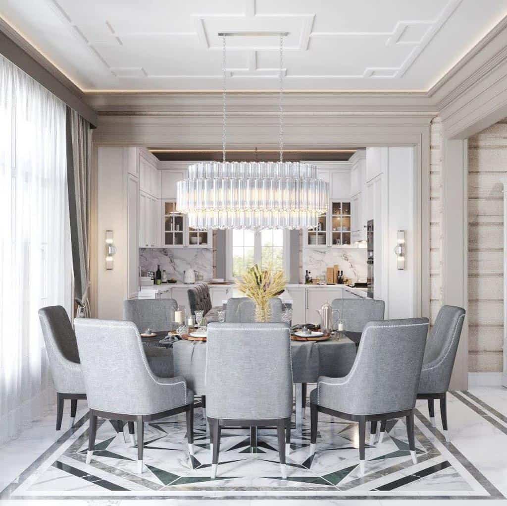 luxurious dining room glass chandelier gray table and chairs marble kitchen