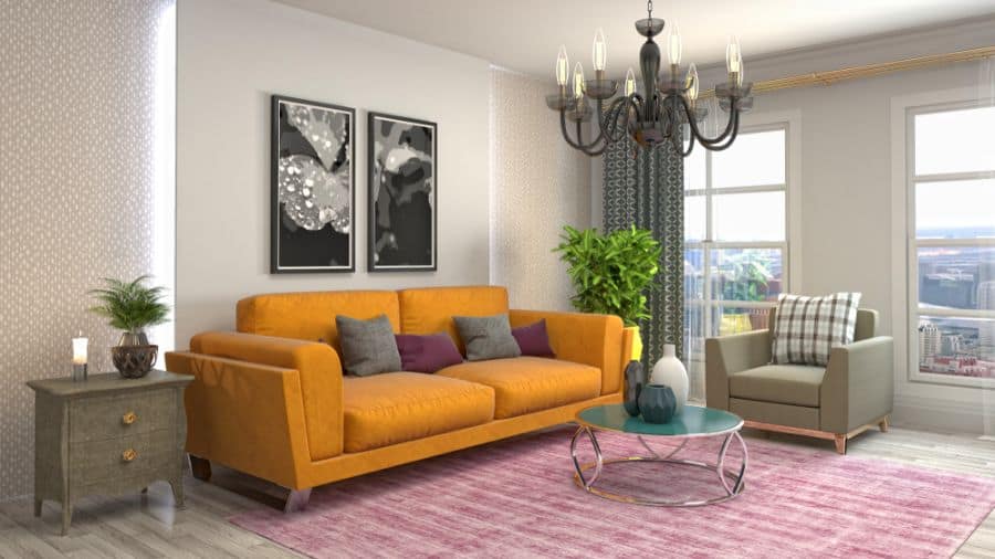 family room orange couch pink floor rug chandelier