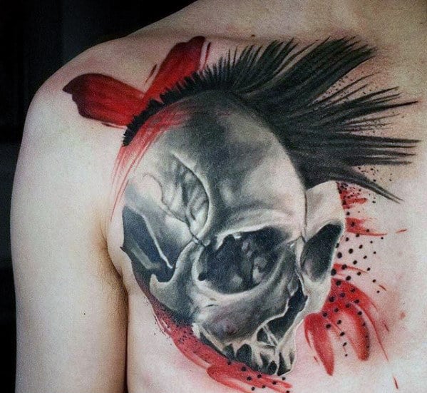 Trash Pola Black And Red Ink 3d Skull Chest Upper Chest Tattoo