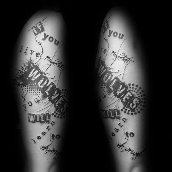 Trash Polka Arm Guys Typography Tattoo Design Ideas