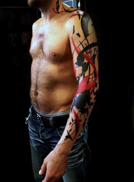 Trash Polka Guys Creative Full Arm Tattoo With Red And Black Ink