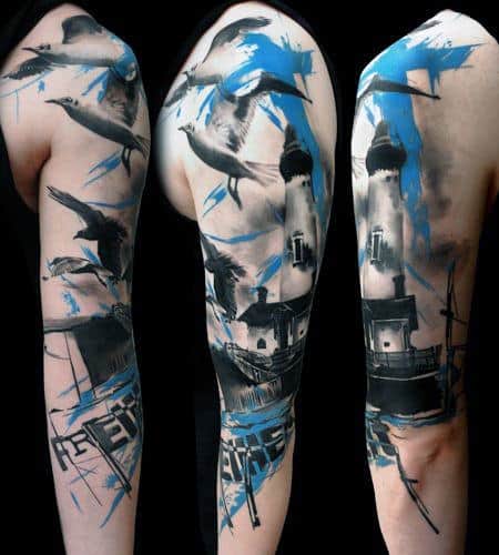 Trash Polka Half Sleeve Watercolor Seagull Tattoo For Guys