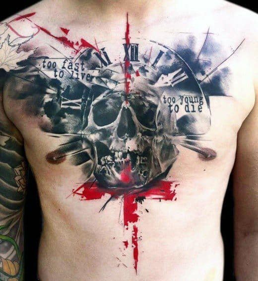 Trash Polka Upper Chest Guys Watercolor Skull Tattoo Designs
